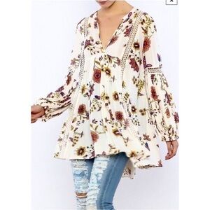 Free People Ruby Jane off white floral latter lace tunic swing top small